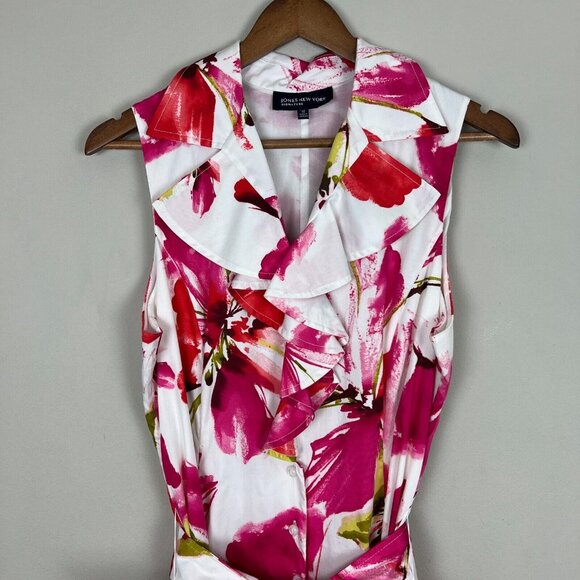 Jones New York Dress Womens 10 Pink Floral Ruffle Collar Belted Button Up A-Line - Picture 4 of 12